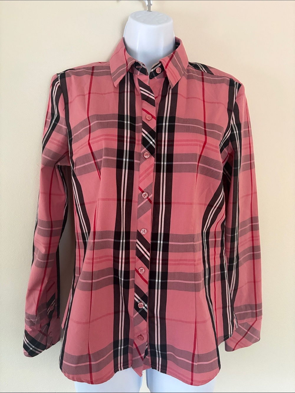 New York & Company Pink Plaid Button-Down Shirt